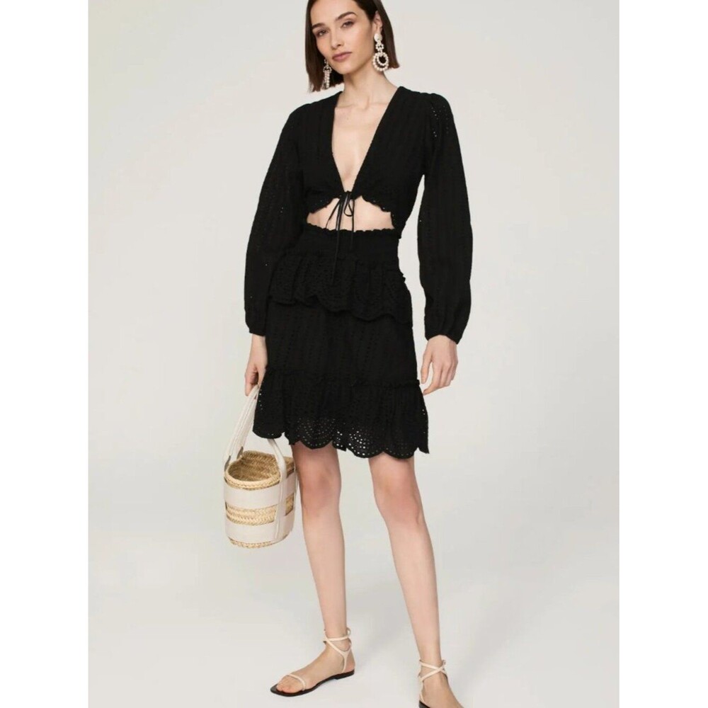 AREA STARS Lela Mini Dress Black Eyelet w/ Cutouts Deep V Tie Front Tiered MED